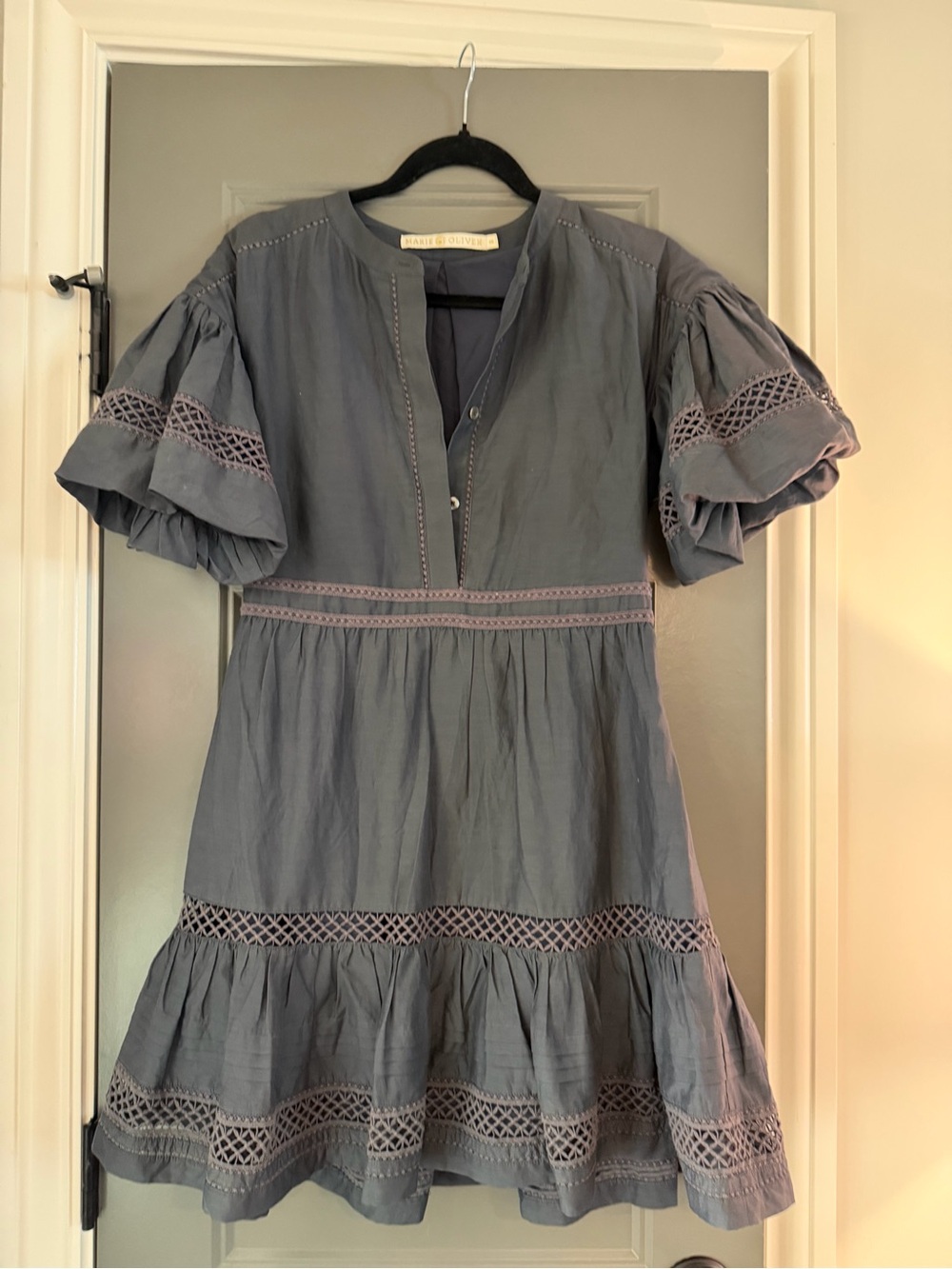Marie Oliver Slate Blue Grey Tiered Cotton Dress with Lace Insets XS